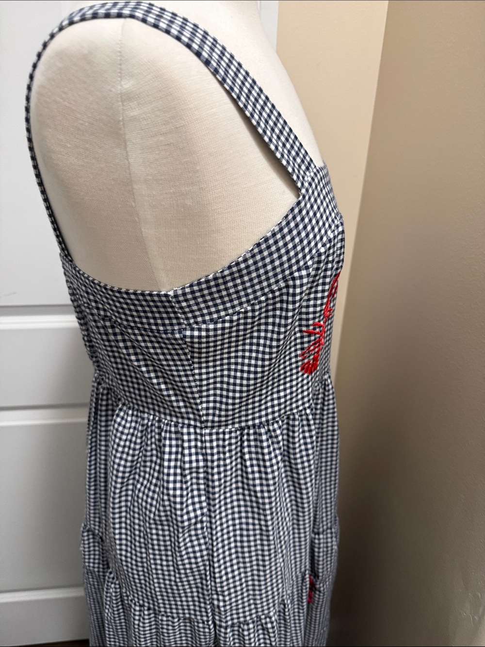 Blue and White Gingham Maxi Dress with Red Embroidery nantucket weekend dress - Picture 5 of 5